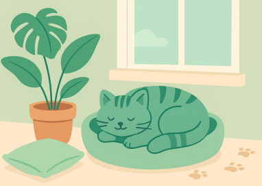 Chat d’appartement se prélassant sur un coussin pastel