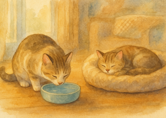 Illustration d’un chat buvant de l’eau dans une gamelle et dormant paisiblement sur un coussin, dans un intérieur chaleureux.