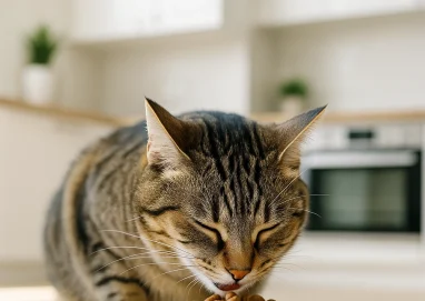 Chat domestique tigré mangeant des croquettes sans céréales dans un bol en céramique sur un sol en bois clair, dans une cuisine moderne et lumineuse.