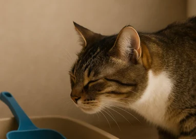 Chat tigré et blanc reniflant une litière naturelle à granulés larges sans poussière, dans un intérieur lumineux, illustrant le choix d’une litière adaptée pour un chat souffrant d’asthme.